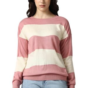 Van Heusen Women's Round Neck Striped Regular Fit Sweater| Full Sleeve Ribbed Hem Casual winterwear