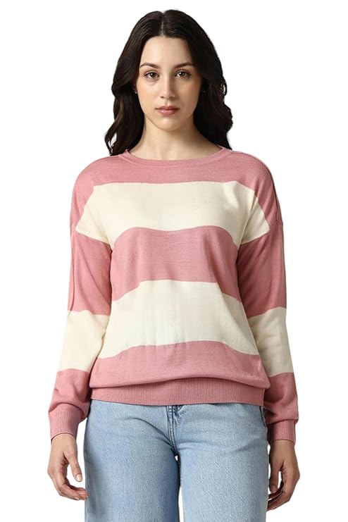 Van Heusen Women’s Round Neck Striped Regular Fit Sweater| Full Sleeve Ribbed Hem Casual winterwear
