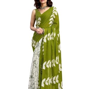 Satrani Women's Pure Cotton Printed Ready To Wear One Minute Pre Stitched Saree with Unstitched Blouse Piece