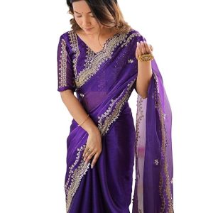 SIRIL Women's Shimmer Chiffon Sequence Embroidery Scalloped Border Saree With Unstitched Blouse Piece