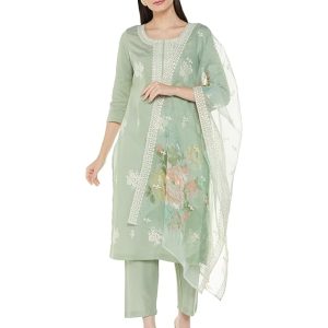 Amazon Brand - Myx Women's Embroidered Kurta Pant Set with Organza Dupatta | Viscose,Rayon