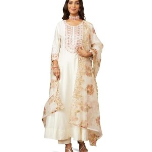 Amazon Brand - Myx Women's Embroidered Anarkali Kurta Pant Set with Organza Dupatta | Viscose,Rayon | A-line fit