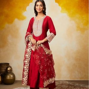 Amazon Brand - Myx Women's Embroidered Anarkali Kurta Pant Set with Organza Dupatta | Viscose,Rayon | A-line fit