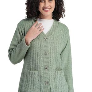 Women's Woolen V-Neck Buttoned Full Sleeve Cardigan Self Design Soft Wool Fabric Winter Wear Pure Wool Sweater Fully Warm with Front Pockets Stylish Cardigan
